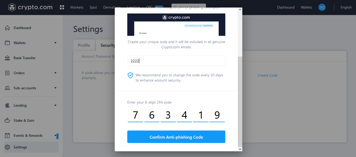 crypto com confirm code